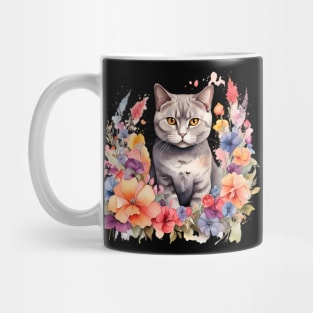 A british shorthair cat decorated with beautiful watercolor flowers Mug